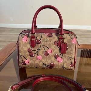 Coach Rowan Cherry-Print Satchel with Red Trim